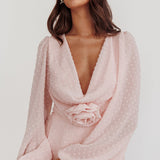 Open Heart Long Sleeve Rosette Mini Dress Baby Pink