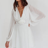 Open Heart Long Sleeve Rosette Mini Dress White