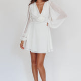 Open Heart Long Sleeve Rosette Mini Dress White