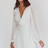 Open Heart Long Sleeve Rosette Mini Dress White