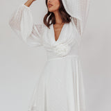 Open Heart Long Sleeve Rosette Mini Dress White