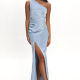 Taniesha One-Shoulder Gathered Maxi Dress Steel Blue