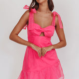 Alexia Bow Shoulder Ruffle Hem Mini Dress Hot Pink