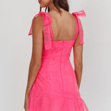 Alexia Bow Shoulder Ruffle Hem Mini Dress Hot Pink