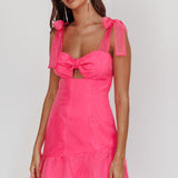 Alexia Bow Shoulder Ruffle Hem Mini Dress Hot Pink