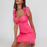 Alexia Bow Shoulder Ruffle Hem Mini Dress Hot Pink