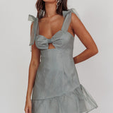 Alexia Bow Shoulder Ruffle Hem Mini Dress Sage