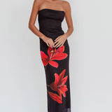 Iridian Strapless Floral Maxi Dress Black
