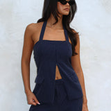 Renee Front Zip Halter Top Pinstripe Navy