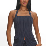 Renee Front Zip Halter Top Pinstripe Navy