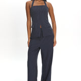 Renee Front Zip Halter Top Pinstripe Navy