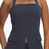 Renee Front Zip Halter Top Pinstripe Navy