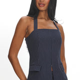 Renee Front Zip Halter Top Pinstripe Navy