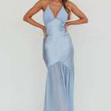 Aysah Chiffon Hem Halter Maxi Dress Light Blue