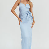Celestine Waist Tie Satin Maxi Dress Light Blue