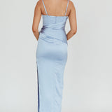 Celestine Waist Tie Satin Maxi Dress Light Blue