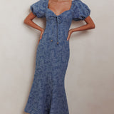 Feeling Electric Puff Sleeves Mermaid Maxi Dress Denim Blue