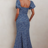 Feeling Electric Puff Sleeves Mermaid Maxi Dress Denim Blue