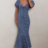 Feeling Electric Puff Sleeves Mermaid Maxi Dress Denim Blue