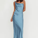 Treats Cowl Back Satin Maxi Dress Steel Blue