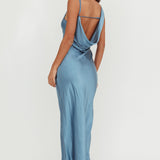 Treats Cowl Back Satin Maxi Dress Steel Blue