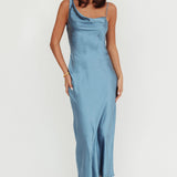 Treats Cowl Back Satin Maxi Dress Steel Blue