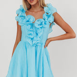 Nivaya Ruffle Neckline Mini Dress Ocean