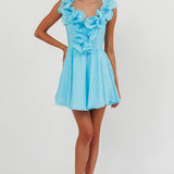 Nivaya Ruffle Neckline Mini Dress Ocean