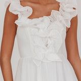 Nivaya Ruffle Neckline Mini Dress White