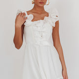 Nivaya Ruffle Neckline Mini Dress White