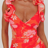 Kinley Ruffle Strap Maxi Dress Floral Orange
