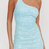 Disco Baby One-Shoulder Sequin Mini Dress Light Blue