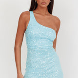 Disco Baby One-Shoulder Sequin Mini Dress Light Blue