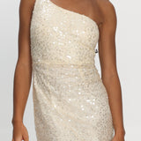 Disco Baby One-Shoulder Sequin Mini Dress Nude