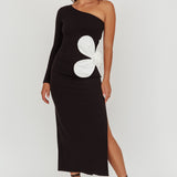 No Competition One-Shoulder Oversized Flower Maxi Dress Black