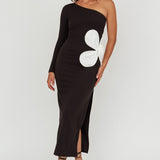 No Competition One-Shoulder Oversized Flower Maxi Dress Black