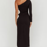 No Competition One-Shoulder Oversized Flower Maxi Dress Black