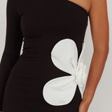 No Competition One-Shoulder Oversized Flower Maxi Dress Black