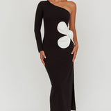 No Competition One-Shoulder Oversized Flower Maxi Dress Black
