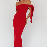 Aurora Sky Off-Shoulder Tie Maxi Dress Cherry
