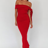 Aurora Sky Off-Shoulder Tie Maxi Dress Cherry