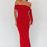 Aurora Sky Off-Shoulder Tie Maxi Dress Cherry