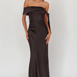 Aurora Sky Off-Shoulder Tie Maxi Dress Satin Black