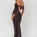 Aurora Sky Off-Shoulder Tie Maxi Dress Satin Black