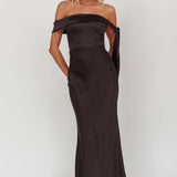 Aurora Sky Off-Shoulder Tie Maxi Dress Satin Black