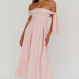 Aurora Sky Off-Shoulder Box Pleat Midi Dress Pink