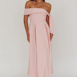 Aurora Sky Off-Shoulder Box Pleat Midi Dress Pink