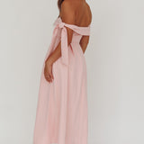Aurora Sky Off-Shoulder Box Pleat Midi Dress Pink