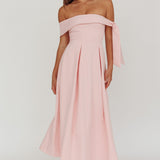 Aurora Sky Off-Shoulder Box Pleat Midi Dress Pink