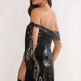 Aurora Sky Off-Shoulder Tie Mini Dress Sequin Black
